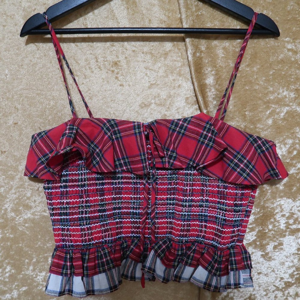 English Factory Red Plaid Ruffled Bottom Peplum Top – Medium